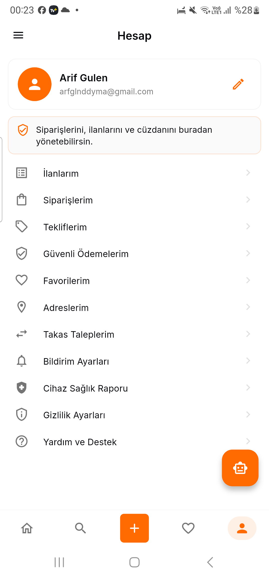 Hesap menüsü